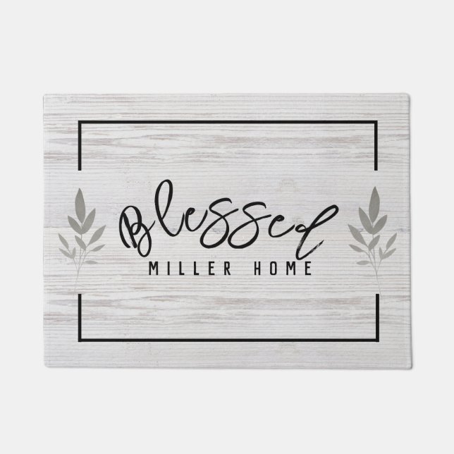 Rustic Modern Grey Wood Blessed Leaf Art Custom Doormat (Front)
