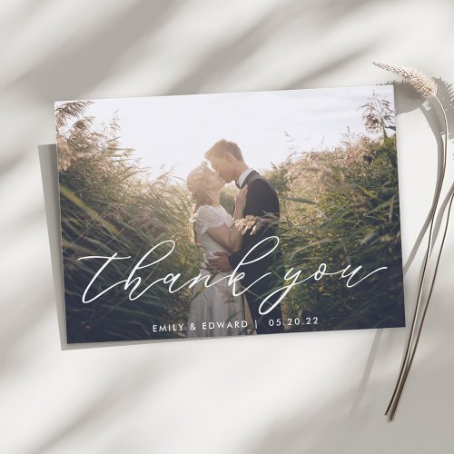 Rustic Modern Hand Script Wedding Photo Thank You Card