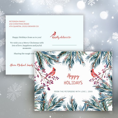 Rustic modern Happy Holidays pine boughs and birds Holiday Postcard