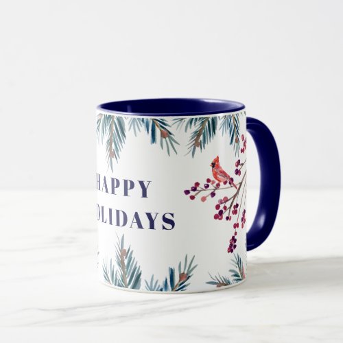 Rustic modern Happy Holidays pine boughs and birds Mug