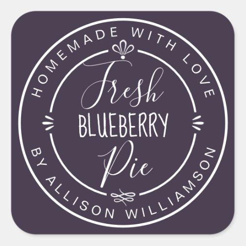 Rustic Modern Homemade Fresh Blueberry Pie Purple Square Sticker