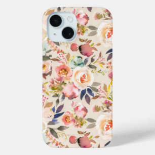 Rustic modern ivory pink brown watercolor flowers iPhone 15 case