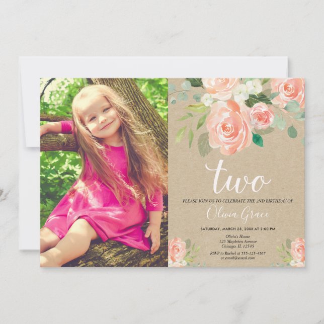 Rustic modern kraft 2nd birthday girl peach coral invitation (Front)