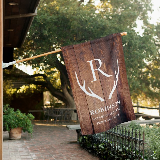 Rustic Modern Lake Family Monogram Name  Wood House Flag (In SItu)