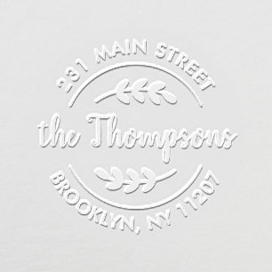 Rustic Modern Leaves Family Name Script Address Embosser