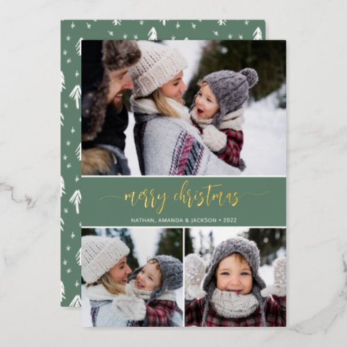 Rustic Modern Merry Christmas Three Photo Foil Holiday Card