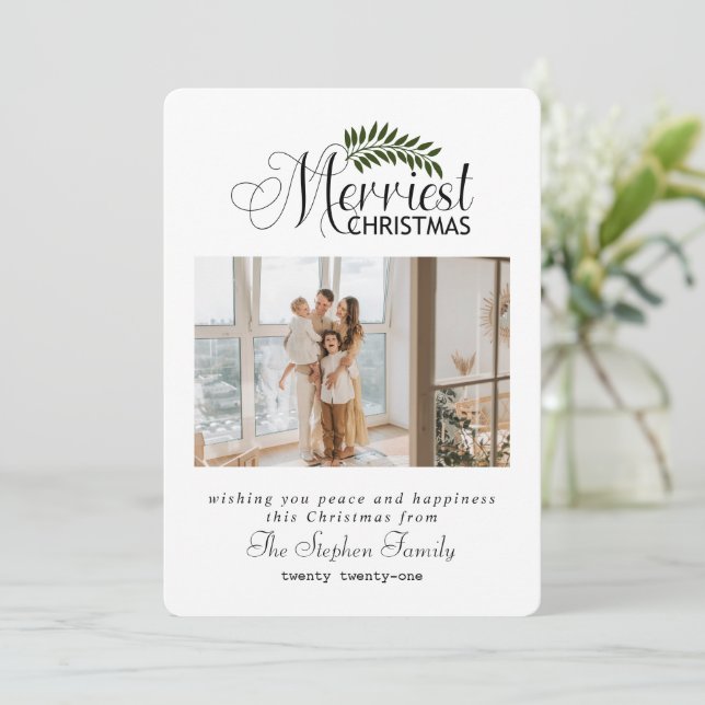 Rustic Modern Minimal  Leaves Christmas Photo  Hol Holiday Card (Standing Front)