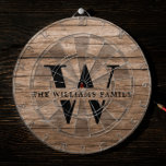 Rustic Modern Monogram Family Name Vintage Wood Dart Board<br><div class="desc">This modern, rustic dart board features your family monogram and name over a printed medium brown wood backdrop in a retro vintage typography design. Customize with your family name and initial and make this your own unique keepsake for the farmhouse style lake house, family cottage, or country cabin - or...</div>
