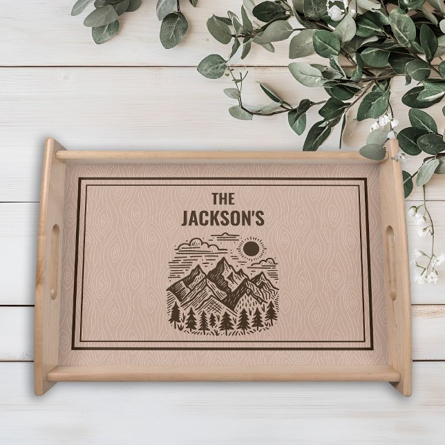 Rustic Modern Mountain Custom Serving Tray (Modern Rustic Hand-drawn Mountain Custom Family Serving Tray)