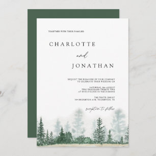 Rustic Modern Mountain Forest Watercolor Wedding Invitation