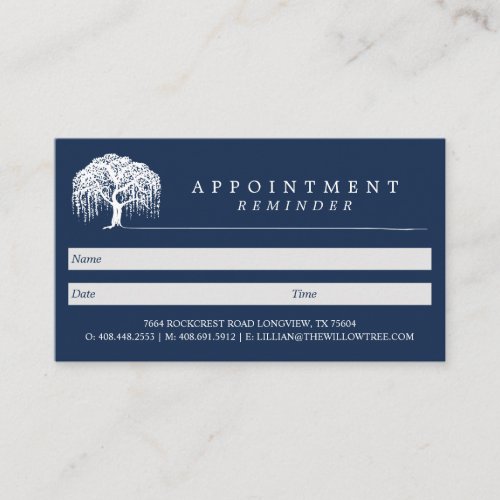 Rustic Modern Navy Blue  White Willow Tree Logo Appointment Card
