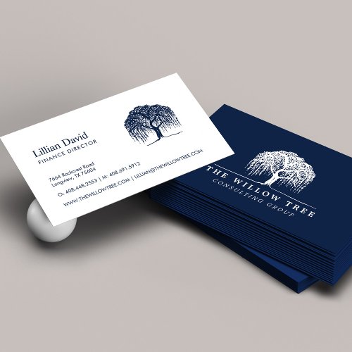 Rustic Modern Navy Blue  White Willow Tree Logo Business Card