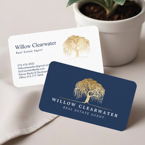 Rustic Modern Navy  Gold Willow Tree Logo Business Card