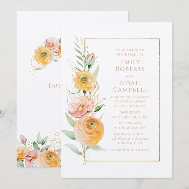 Rustic Modern Orange Yellow Watercolor Floral Invitation (Front/Back)