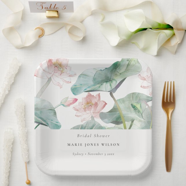 Rustic Modern Pastel Blush Waterlily Bridal Shower Paper Plates (Wedding)