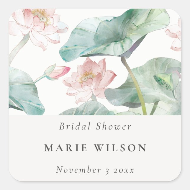 Rustic Modern Pastel Blush Waterlily Bridal Shower Square Sticker (Front)