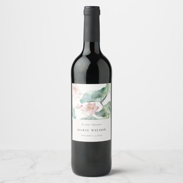 Rustic Modern Pastel Blush Waterlily Bridal Shower Wine Label (Front)
