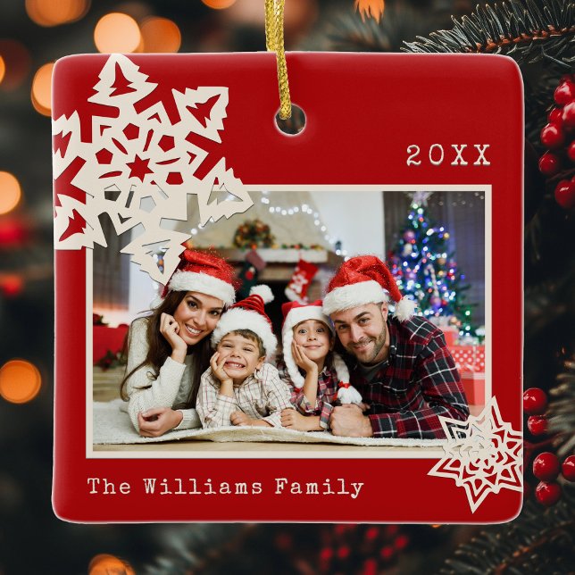 Rustic Modern Photo DIY Snowflake Family Name  Ceramic Ornament (Creator Uploaded)