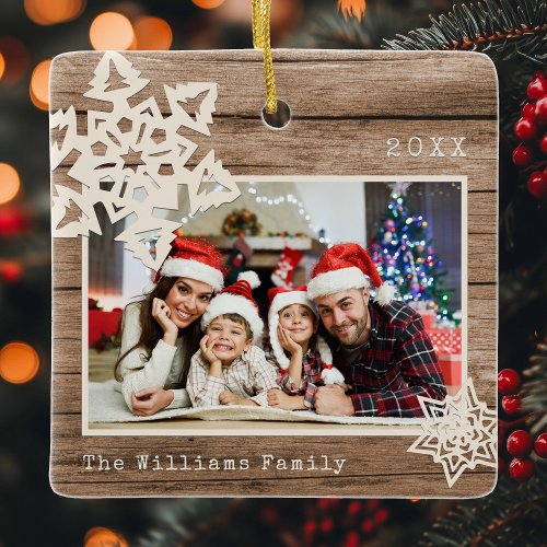 Rustic Modern Photo DIY Snowflake Family Name Wood Ceramic Ornament