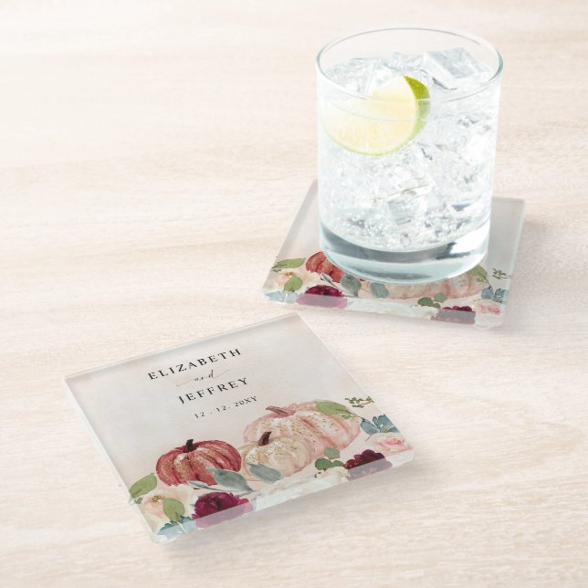 Rustic Modern Pumpkins Country Fall Wedding Glass Coaster (Angled)