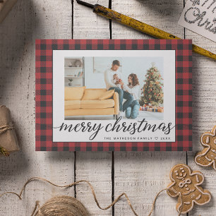 Rustic Modern Red black Plaid Christmas Photos Holiday Card