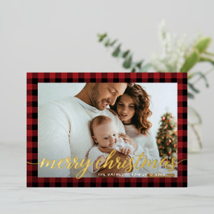 Rustic Modern Red black plaid photo Christmas Foil Holiday Card