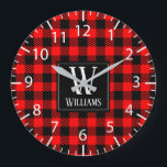 Rustic Modern Red Buffalo Plaid Checkered Monogram Large Clock<br><div class="desc">Modern rustic bright red and black checked buffalo plaid wall clock with customizable family monogram and name,  would work great for a rustic farmhouse style home,  cabin,  or for the holiday season decor and/or a personalized gift.</div>