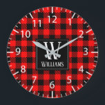 Rustic Modern Red Buffalo Plaid Checkered Monogram Large Clock<br><div class="desc">Modern rustic bright red and black checked buffalo plaid wall clock with customizable family monogram and name, would work great for a rustic farmhouse style home, cabin, or for the holiday season decor and/or a personalized gift.</div>