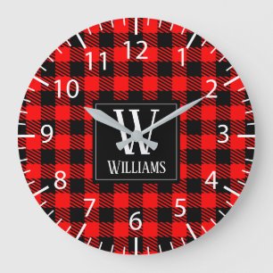 Rustic Modern Red Buffalo Plaid Checkered Monogram Large Clock