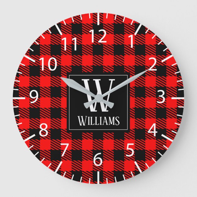 Rustic Modern Red Buffalo Plaid Checkered Monogram Large Clock (Front)