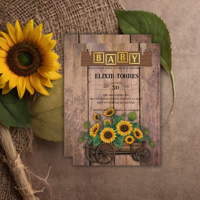 Rustic Modern Sunflower Carriage Baby Shower Invitation (Creator Uploaded)