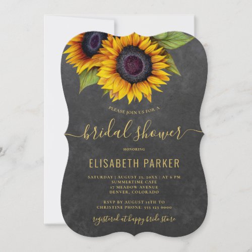 Rustic modern sunflower gold script bridal shower invitation