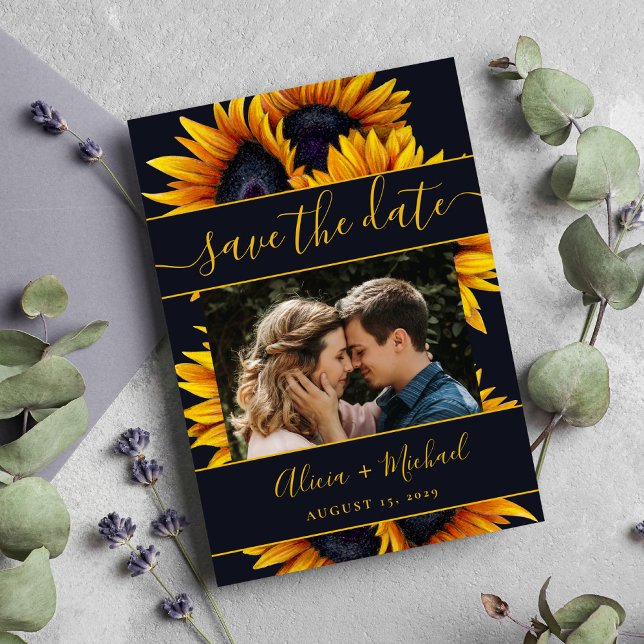 Rustic modern sunflowers chic script wedding photo save the date (Creator Uploaded)