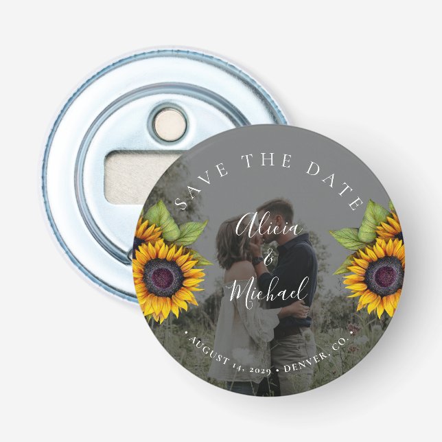 Rustic modern sunflowers photo wedding save date bottle opener (Front)