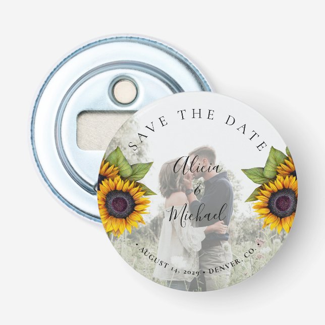 Rustic modern sunflowers photo wedding save date bottle opener (Front)