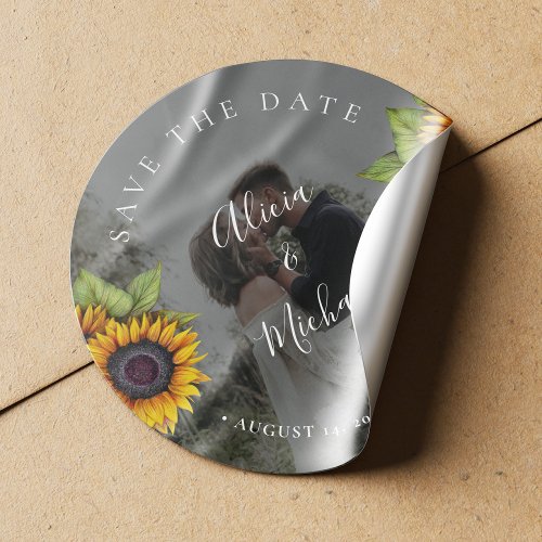 Rustic modern sunflowers photo wedding save date classic round sticker