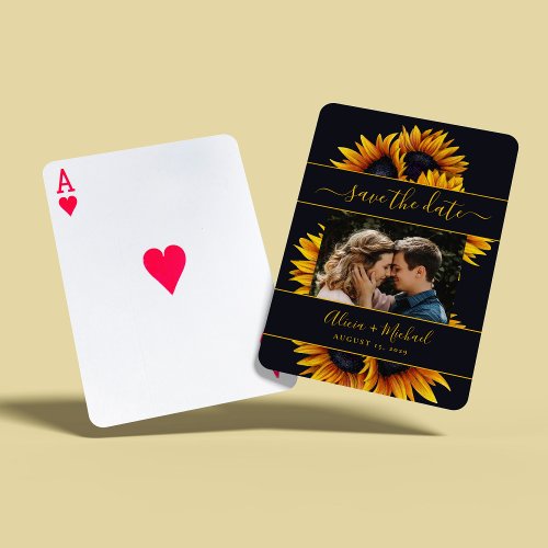 Rustic modern sunflowers photo wedding save date playing cards