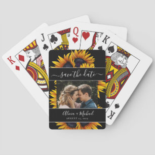 Rustic modern sunflowers photo wedding save date poker cards