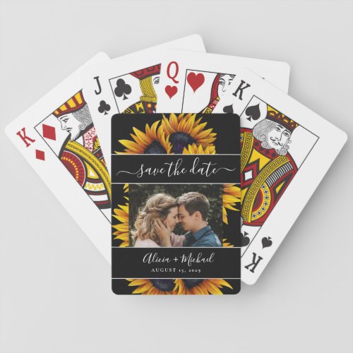 Rustic modern sunflowers photo wedding save date poker cards