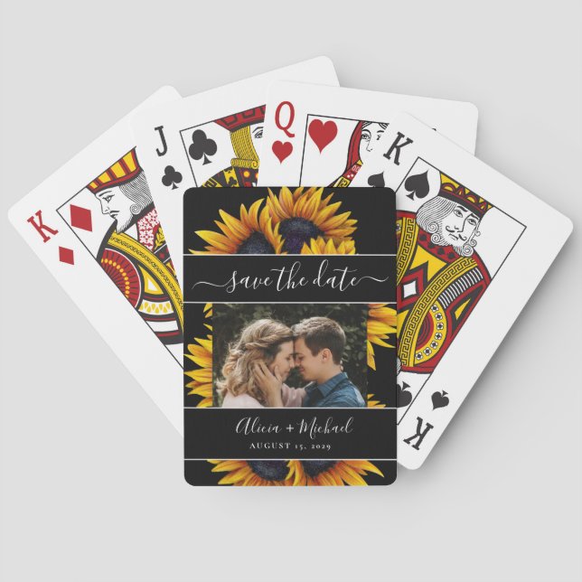 Rustic modern sunflowers photo wedding save date poker cards (Back)