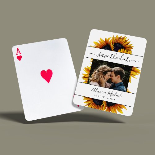 Rustic modern sunflowers photo wedding save date poker cards