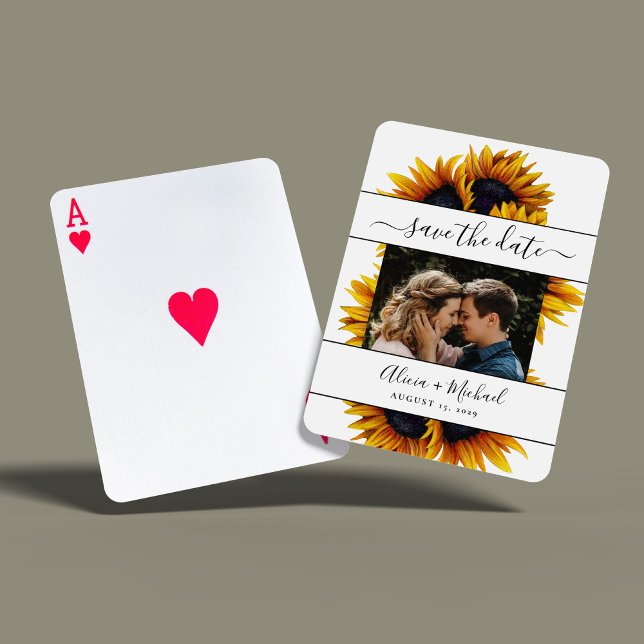 Rustic modern sunflowers photo wedding save date poker cards (Creator Uploaded)