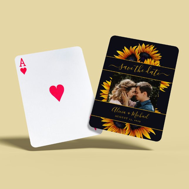 Rustic modern sunflowers photo wedding save date poker cards (Creator Uploaded)