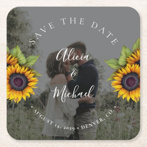 Rustic modern sunflowers photo wedding save date square paper coaster