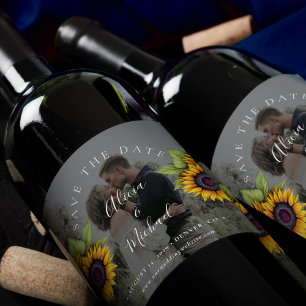 Rustic modern sunflowers photo wedding save date wine label