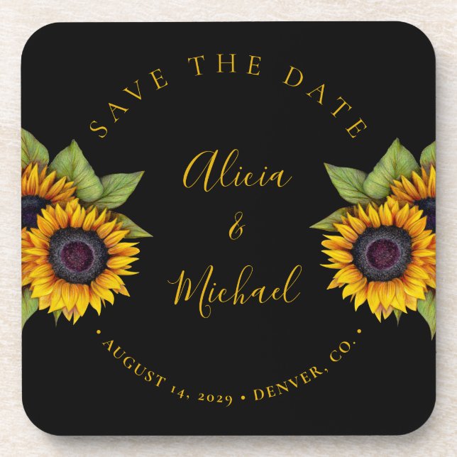 Rustic modern sunflowers simple wedding save date beverage coaster (Front)