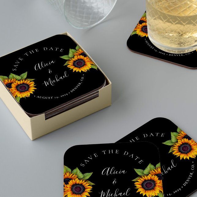 Rustic modern sunflowers simple wedding save date beverage coaster (Creator Uploaded)