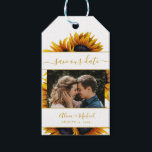 Rustic modern sunflowers wedding photo save date gift tags<br><div class="desc">Beautiful and easy to personalize photo wedding save the date favor gift tag with vibrant yellow-gold hand-painted sunflowers and elegant stripes with a trendy modern script over a clear white background. Suitable for summer and autumn fall garden backyard outdoor rustic modern weddings. The colors are changeable. If you need to...</div>