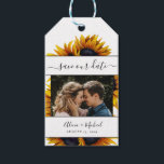 Rustic modern sunflowers wedding photo save date gift tags<br><div class="desc">Beautiful and easy to personalize photo wedding save the date favor gift tag with vibrant yellow-gold hand-painted sunflowers and elegant stripes with a trendy modern script over a clear white background. Suitable for summer and autumn fall garden backyard outdoor rustic modern weddings. The colors are changeable. If you need to...</div>