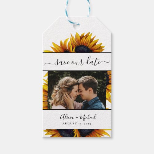 Rustic modern sunflowers wedding photo save date gift tags